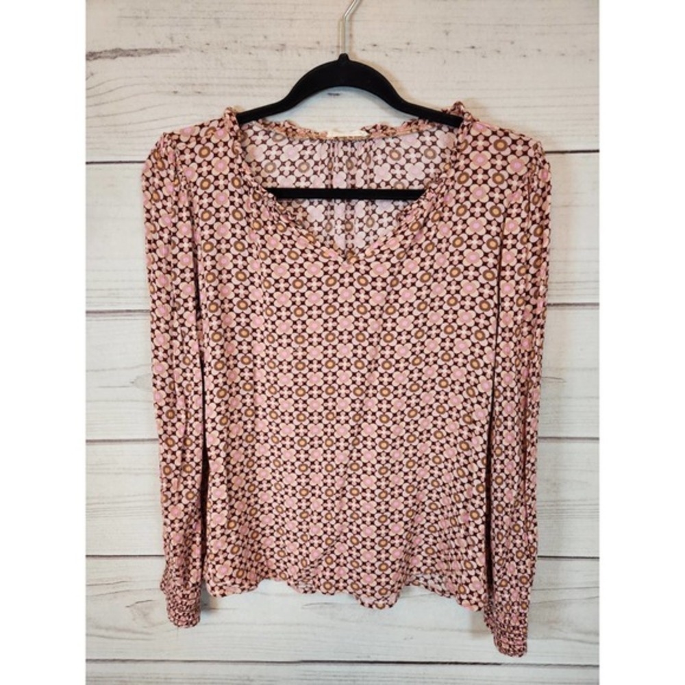 Les Amis Women's Pink Brown Floral Printed V-Neck Long Sleeve Blouse Size Medium